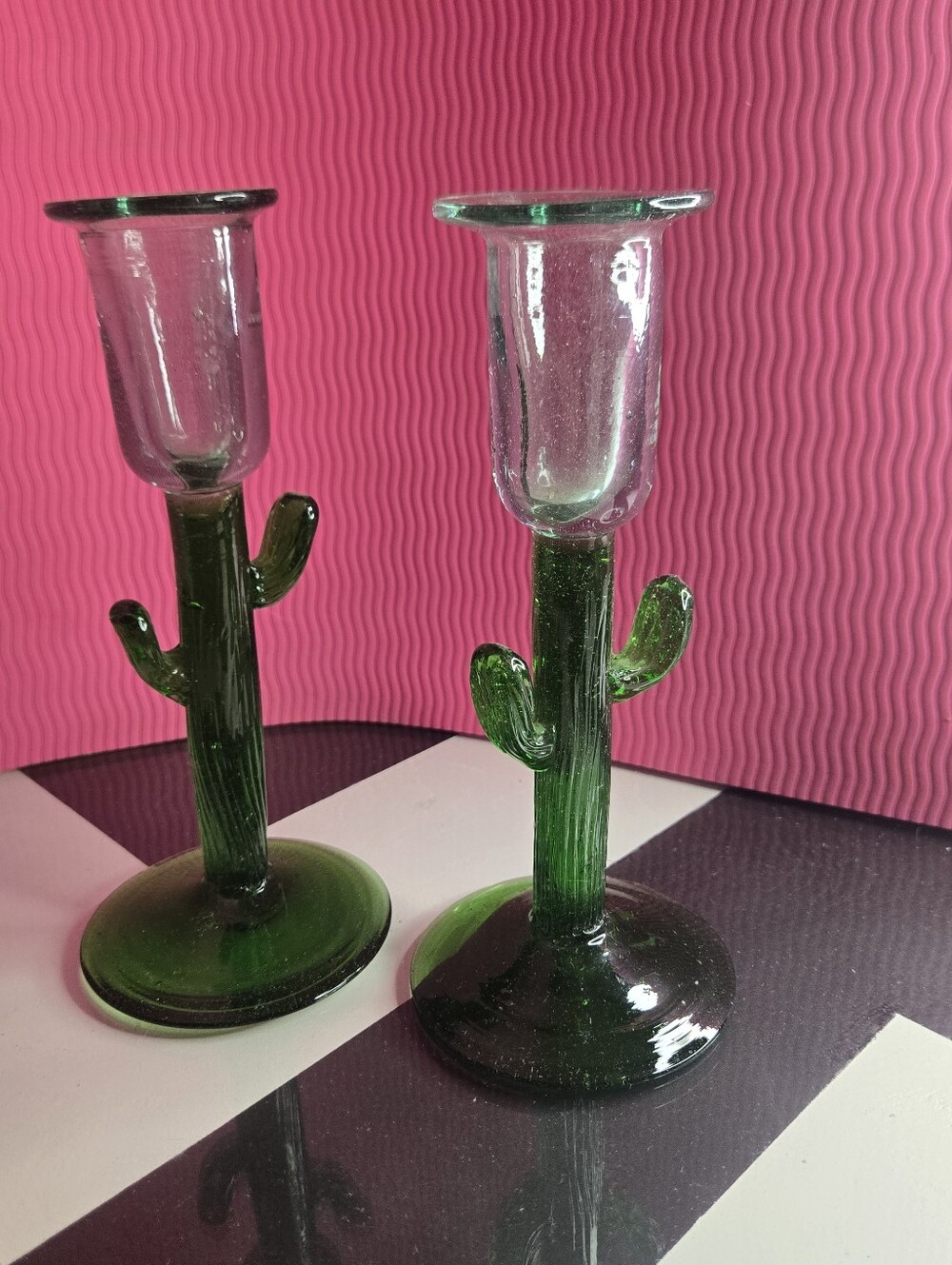 Glass Cactus Candle Stick Holders